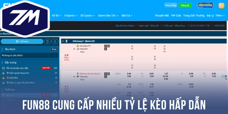 Fun88 cung cấp nhiều tỷ lệ kèo hấp dẫn