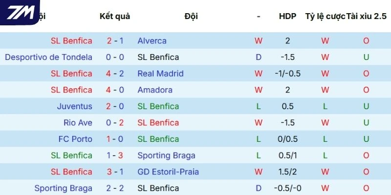 Thành tích gần đây của Benfica tại mọi đấu trường 