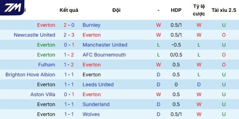 Chuỗi kết quả ra sân của Everton