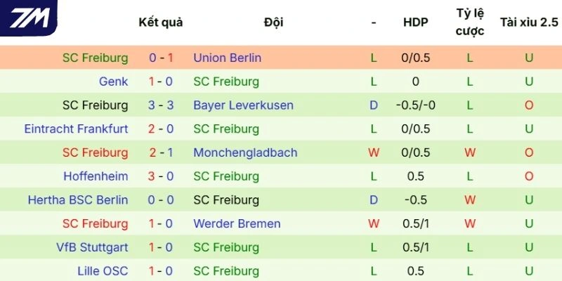 Hiệu suất thi đấu của Freiburg