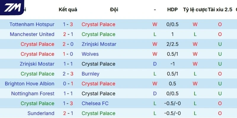 Thành tích thi đấu mới nhất của Crystal Palace